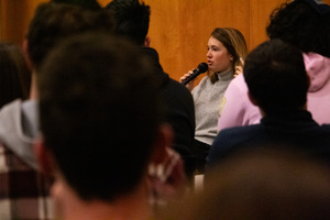 Millet Ben Haim, a survivor of the Oct. 7 Hamas attack on Israel, spoke about her experience escaping the attack with students at Hillel. Hillel, Chabad house and Students Supporting Israel organized the event. 