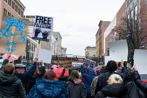 Demonstrators protesting Israel’s “siege” of Palestine march down S. Salina Street in downtown Syracuse, NY. Organizers said the “Hands Off Rafah” demonstration was part of a global “day of action.”
